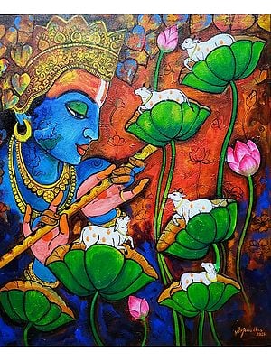Krishna’s Melody : Cow And Lotus | Acrylic On Canvas | By Arjun Das