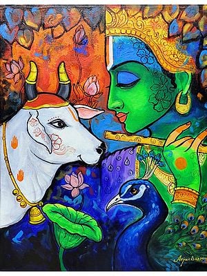 Lord Krishna And Cow | Acrylic On Canvas | By Arjun Das