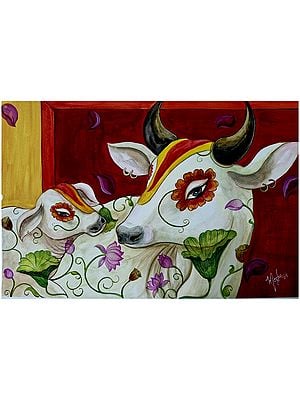 Cow And Calf With Floral Motif | Mixed Medium On 300Gsm | By Megha Chakraborty