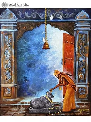 42" Worship Of Nandi | Acylic On Canvas | Painting By Arjun Das