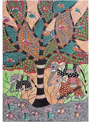 Folk Art Wildlife And Nature Madhubani Painting | Acrylic On Canvas | By Lalita Ray