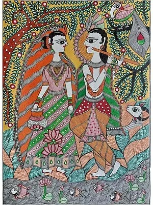 Radha Krishna With Cow Madhubani Painting | Acrylic On Canvas | By Lalita Ray