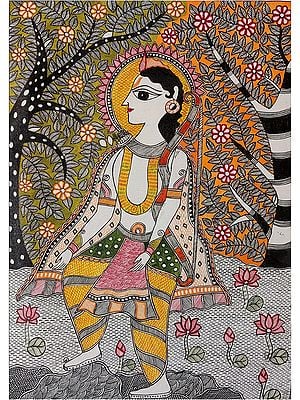 Madhubani Painting Of Lord Rama In Nature | Acrylic On Canvas | By Lalita Ray