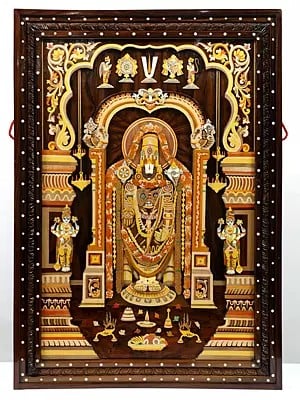 36" Superfine Tirupati Balaji (Venkateshvara) | Colorful 3D Wall Panel in Rosewood with Inlay Work