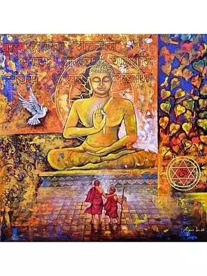 48" Buddha And Monk | Acrylic On Canvas | By Arjun Das