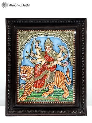 18" Goddess Durga (Sherawali Maa) | Framed Tanjore Painting