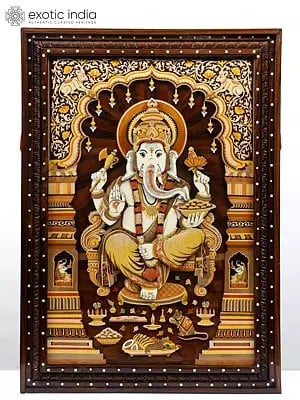 36" Superfine Blessing Lord Ganesha | Colorful 3D Wall Panel in Rosewood with Inlay Work