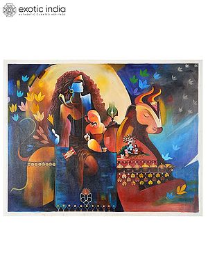 Lord Shiva with Son Ganesha Seated on Nandi | Oil Painting