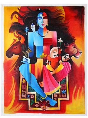Ardhanarishvara (Shiva-Shakti) with Ganesha | Oil Painting