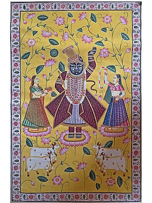Shrinathji With Gopis And Cow | Watercolor On Cotton | Pichwai Art