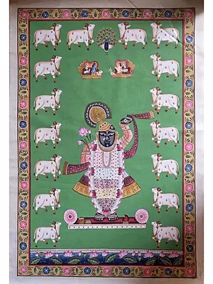 Lord Shrinathji With Cow | Watercolor On Cotton | Pichwai Art