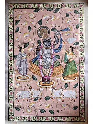 Shrinathji With Devotees | Watercolor On Cotton | Pichwai Art