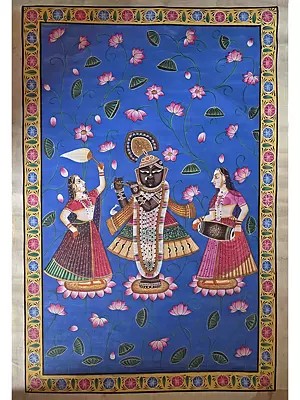 Shrinathji Holding Flute With Devotees | Watercolor On Cotton | Pichwai Art
