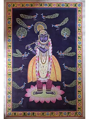 Lord Shrinathji Playing Flute | Pichwai Art | Watercolor On Cotton