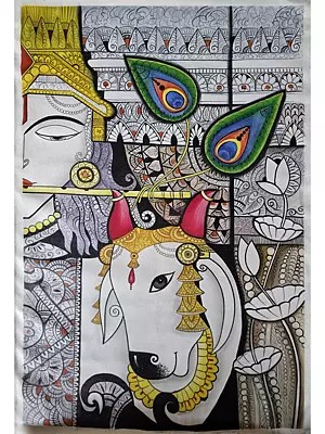 Lord Krishna With Cow | Watercolor On Cotton | Pichwai Art