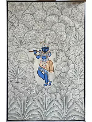 Divine Shrinathji With Flute | Pichwai Art | Watercolor On Cotton