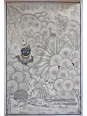 Shrinathji Holding Flute | Pichwai Art | Watercolor On Cotton