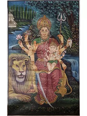 Goddess Parvati With Baby Ganesha | Pichwai Art | Watercolor On Cotton