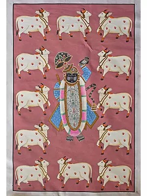 Pichwai Painting Of Lord Shrinathji With Cow | Pichwai Art | Watercolor On Cotton