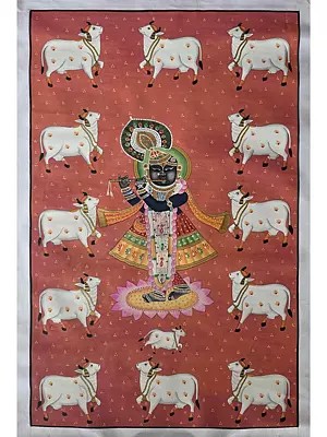 Shrinathji With Cow | Watercolor On Cotton | Pichwai Art