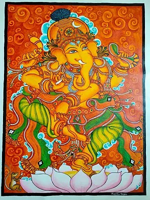 Dancing Lord Ganesha | Acrylic On Canvas | Traditional Kerala Mural Art