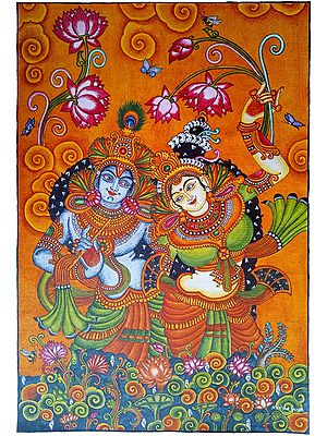 Lord Krishna And Radha | Acrylic On Canvas | Traditional Kerala Mural Art