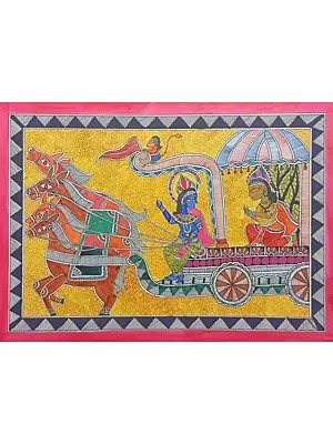 Geeta Upadesha : Lord Krishna Guiding Arjuna In Mahabharata | Acrylic On Handmade Paper