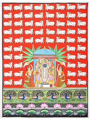 Shrinathji with Cows and Peacocks | Pichwai Painting