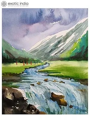 Mountain And River Painting | Water Color On Paper | By Chakradhar Mahato