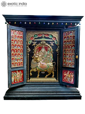 Huge Tanjore Mandapam of Lord Shiva and Parvati | Shipped by Sea Overseas | 24 Karat Gold