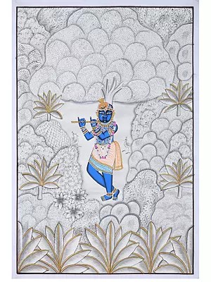 Lord Shrinathji Playing Flute In Forest | Pichwai Art
