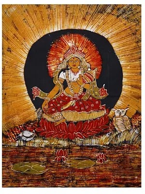 Goddess Lakshmi with Wealth Pot and Owl | Batik Painting