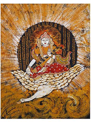 Goddess Saraswati Seated on Swan | Batik Painting