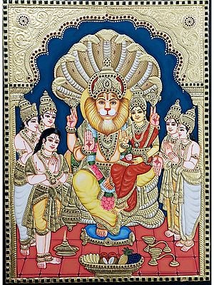 Lord Narasimha with Goddess Lakshmi Tanjore Painting | Traditional Colors with Gold Work