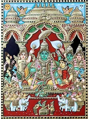 Pattabhishekam - Lord Ram Tanjore Painting | Traditional Colors with Gold Work