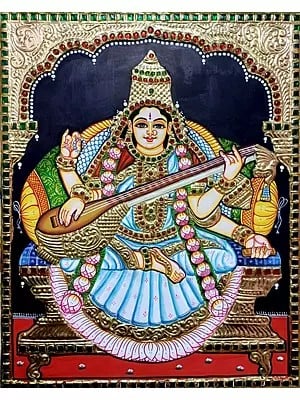 Goddess Saraswati Playing Sitar | Tanjore Painting | Traditional Colors With Gold Work