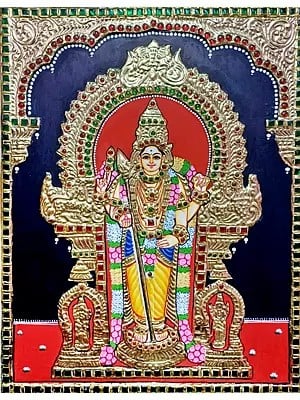 Four-Armed Lord Murugan Tanjore Painting | Traditional Colors with Gold Work