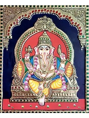 Lord Ganesha Seated On Kirtimukha Asana | Tanjore Painting | Traditional Colors With Gold Work