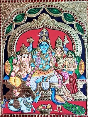 Lord Shiva With Family | Tanjore Painting | Traditional Colors With Gold Work