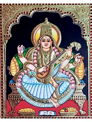 Seated Goddess Saraswati With Sitar | Tanjore Painting | Traditional Colors With Gold Work