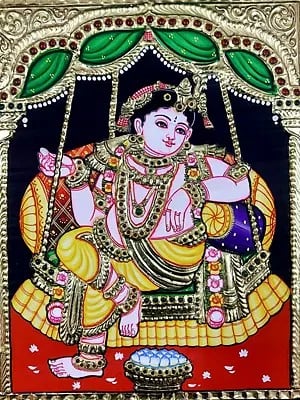 Lord Krishna Seated On Swing | Tanjore Painting | Traditional Colors With Gold Work