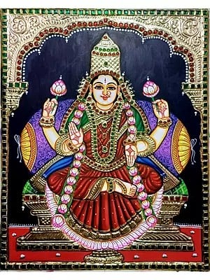 Chaturbhuja Goddess Lakshmi | Tanjore Painting | Traditional Colors With Gold Work