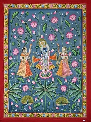 Shrinathji With Gopis In Kamal Talai | Pichwai Painting | Stone Color On Cotton Cloth | By Narendra Kumar