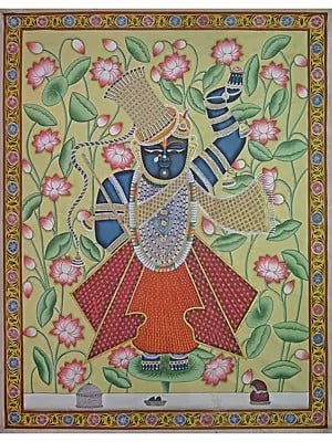 Standing Shrinathji With Kamal Talai | Pichwai Painting | Stone Color On Cotton Cloth | By Narendra Kumar