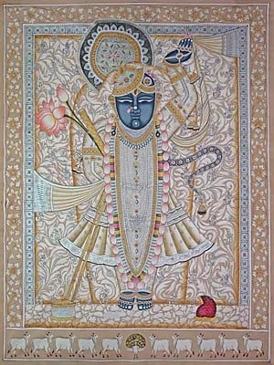 Shrinathji With Hold Lotus | Pichwai Painting | Stone Color On Cotton Cloth | By Narendra Kumar