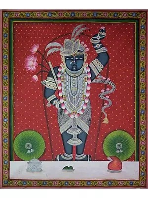 Darshan Of Shrinathji | Pichwai Painting | Stone Color On Cotton Cloth | By Narendra Kumar