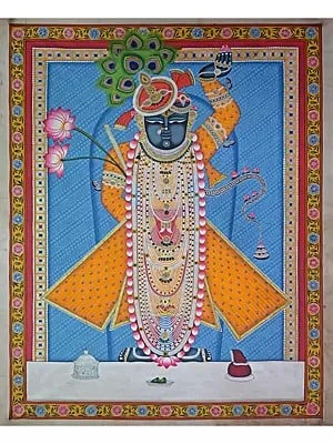 Attractive Shrinathji With Yellow Dress | Pichwai Painting | Stone Color On Cotton Cloth | By Narendra Kumar