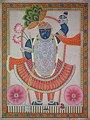 Shrinathji In Standing Posture | Pichwai Painting | Stone Color On Cotton Cloth | By Narendra Kumar