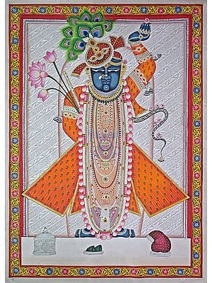 Shrinathji With Flute And Lotus | Pichwai Painting | Stone Color On Cotton Cloth | By Narendra Kumar