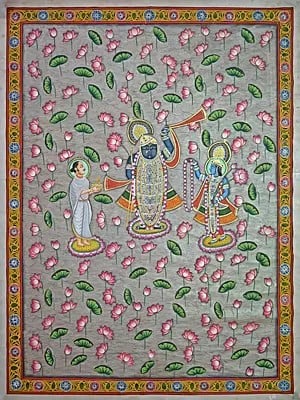 Divine Shrinathji With Saint And Lord Krishna | Pichwai Painting | Stone Color On Cotton Cloth | By Narendra Kumar